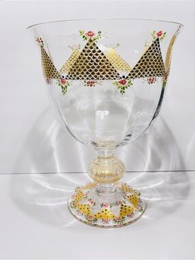 Antique Bohemian Optical Crystal Hand Painted Gilded Extra Large Cup Vase 14”